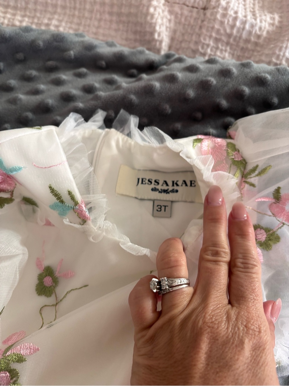 JessaKae White Dress with Pink & Green Floral Embroidery